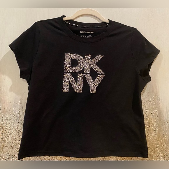 DKNY Y2K Silver Tone Glittering Bedazzled DKNY Logo Black Tee - Size L - Picture 3 of 8